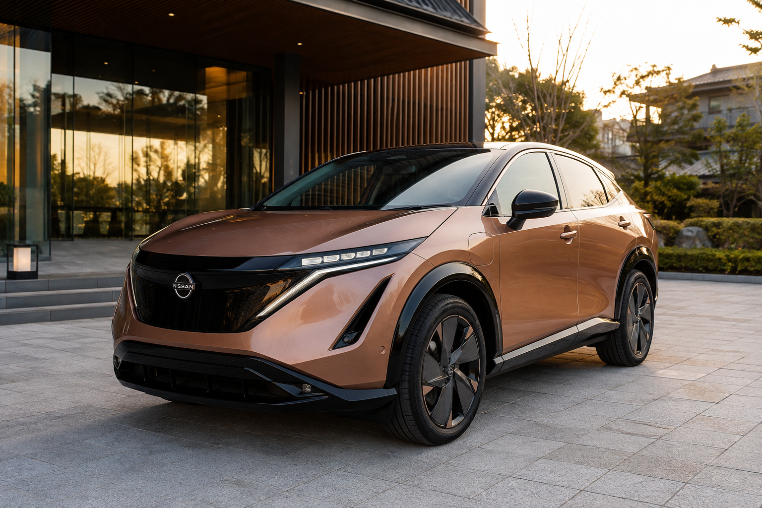 ブロンズカラーの日産 アリア（EV SUV）のフロント外観