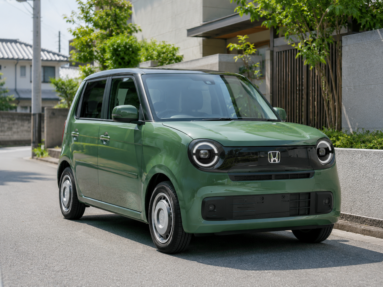 住宅街に停車するホンダの軽乗用電気自動車をイメージした画像