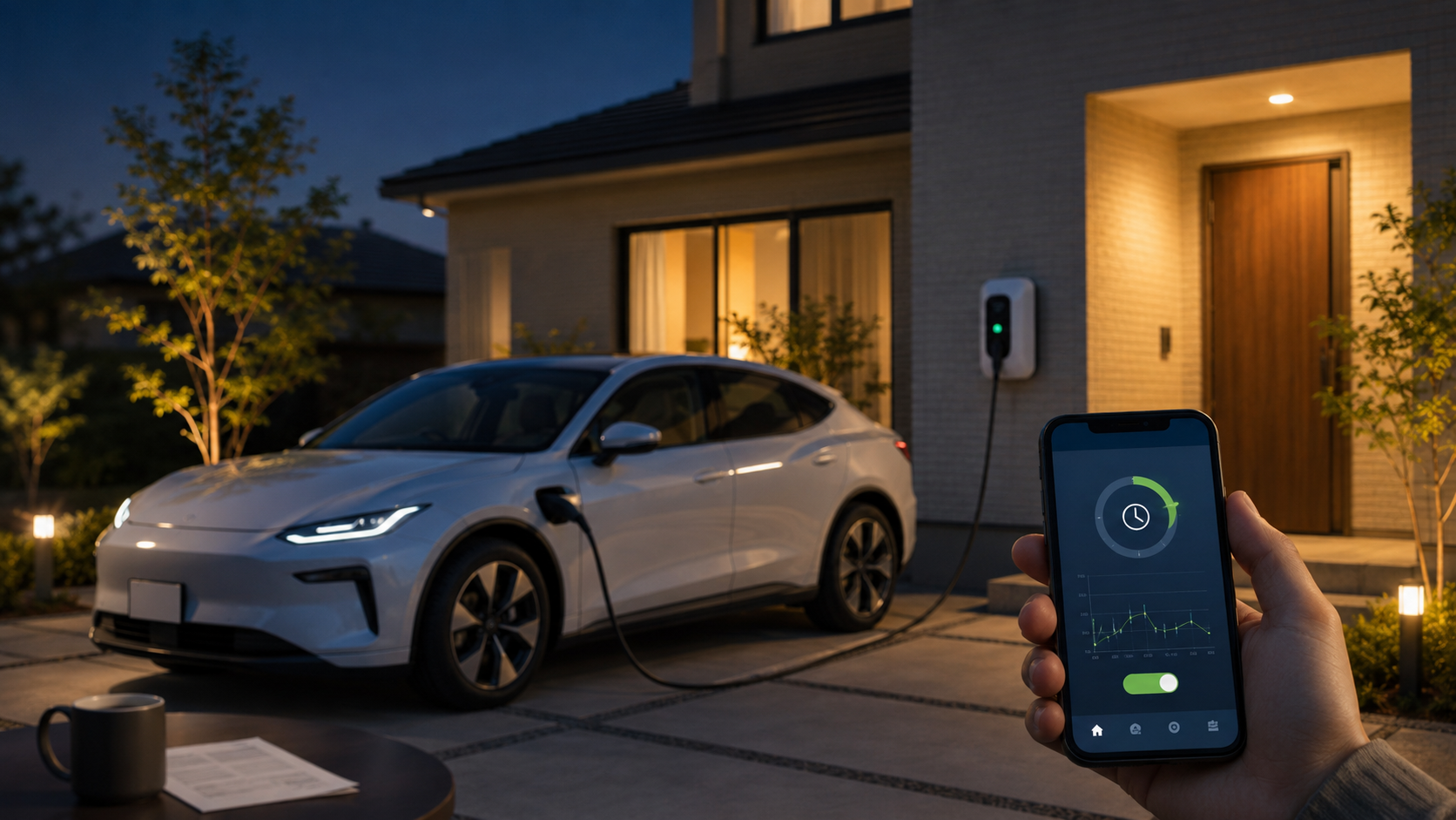 スマートフォンでEVの夜間タイマー充電や充電状態を確認する様子