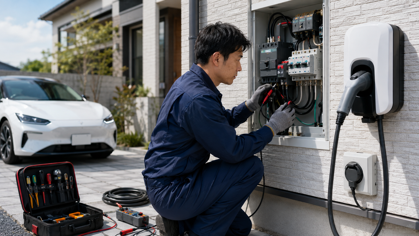 EV自宅充電設備を設置する前に分電盤と配線を確認する電気工事士