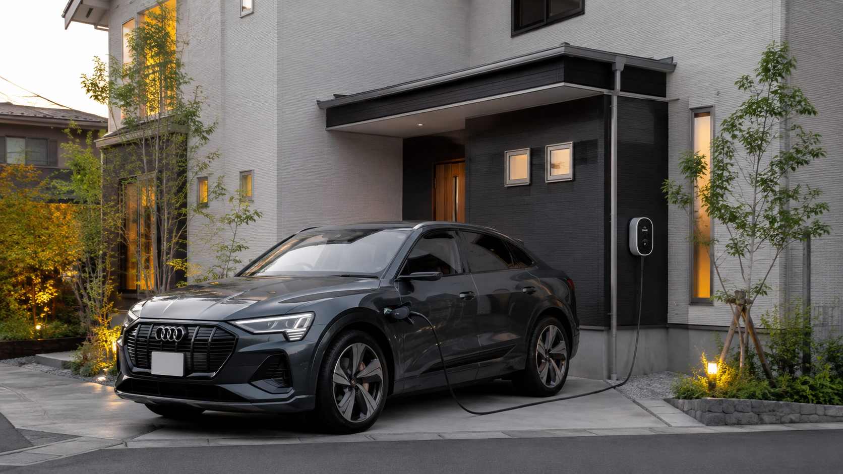 戸建て住宅の駐車場でアウディ Q8 e-tronを自宅充電している様子