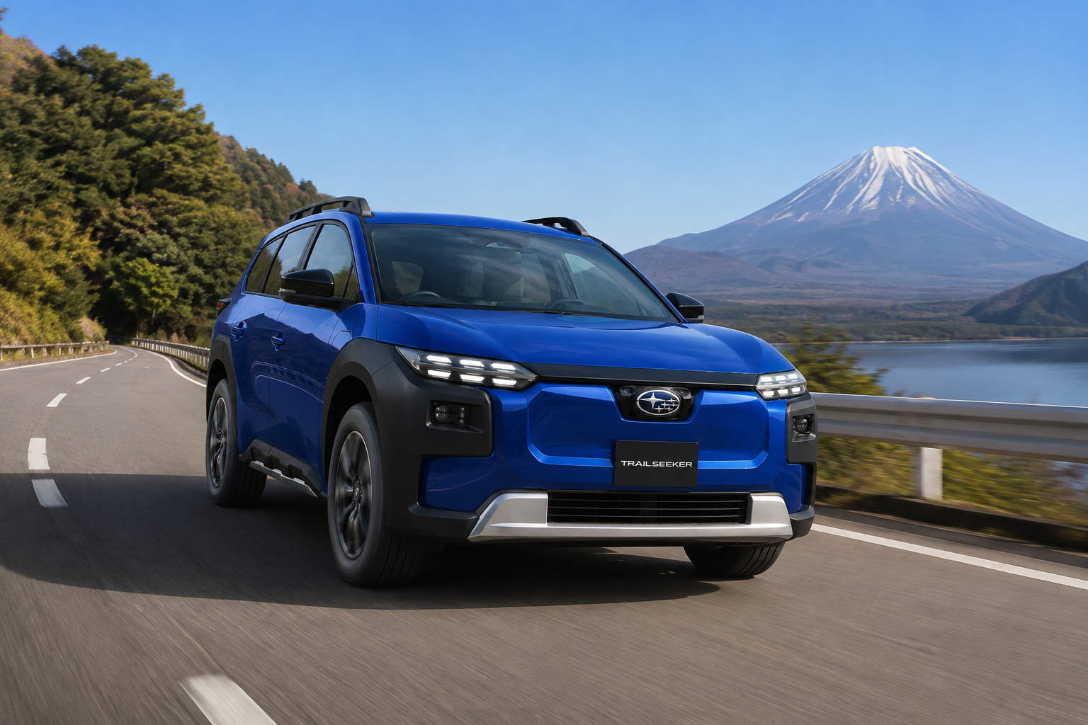 富士山と湖を背に山道を走行するブルーのスバル TRAILSEEKER EV SUV