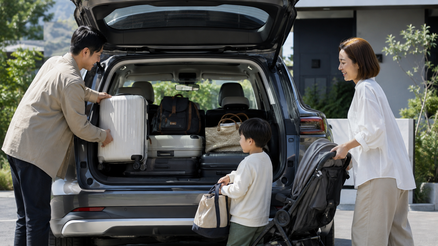 EV SUVの広い荷室に家族で荷物やベビーカーを積み込む様子
