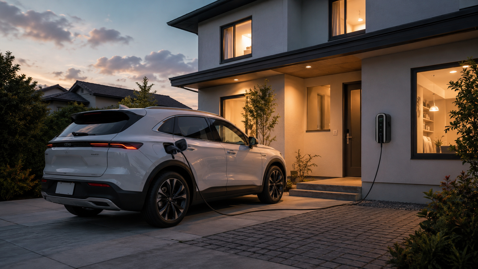 一戸建ての自宅ガレージでEV SUVを充電している様子