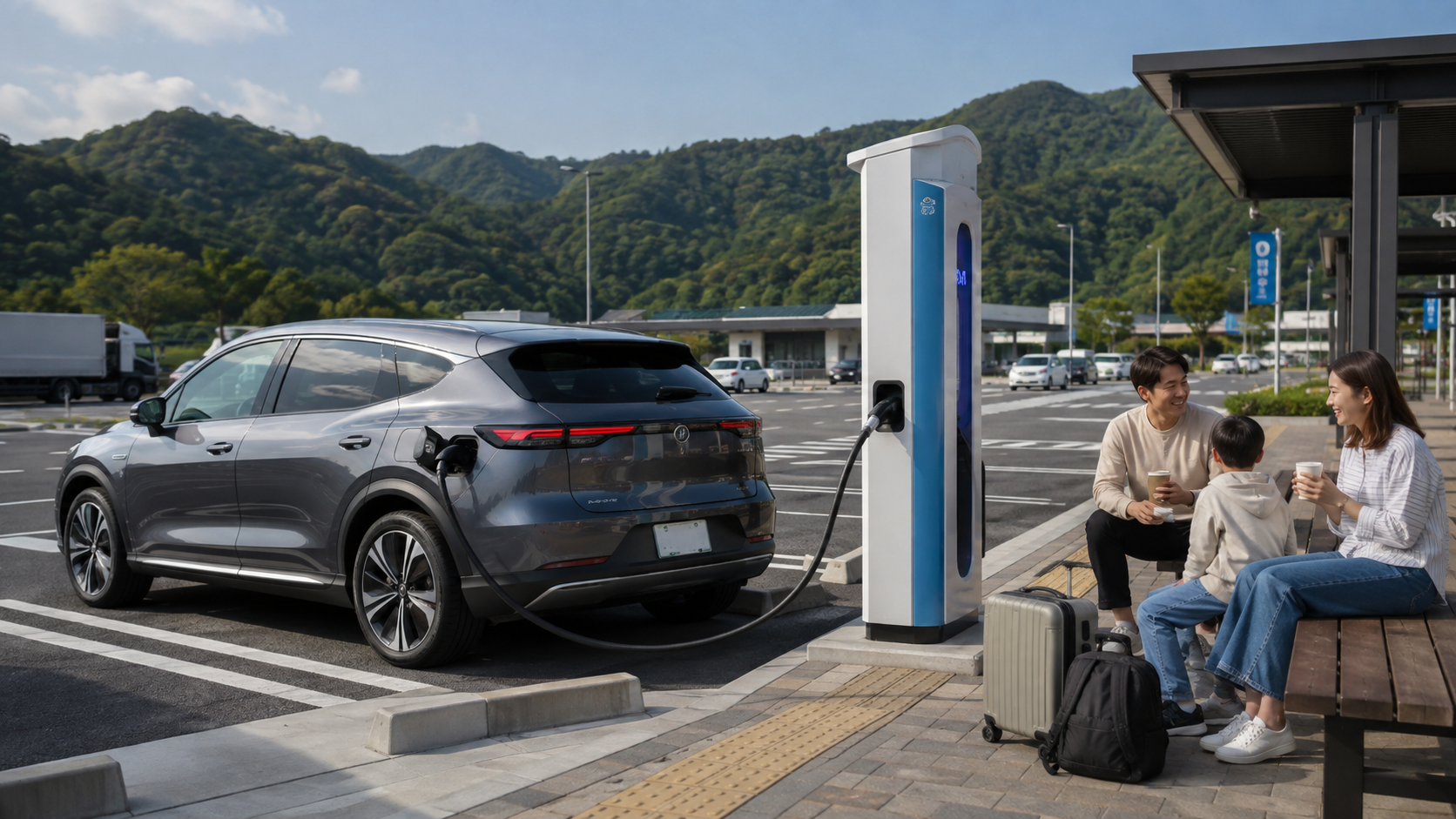 高速道路のサービスエリアで電気自動車を急速充電するイメージ画像